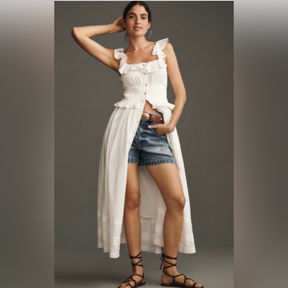 NWT Anthropologie Pilcro White Cotton Ruffle Maxi Dress Smocked Waist Size S - Picture 3 of 15